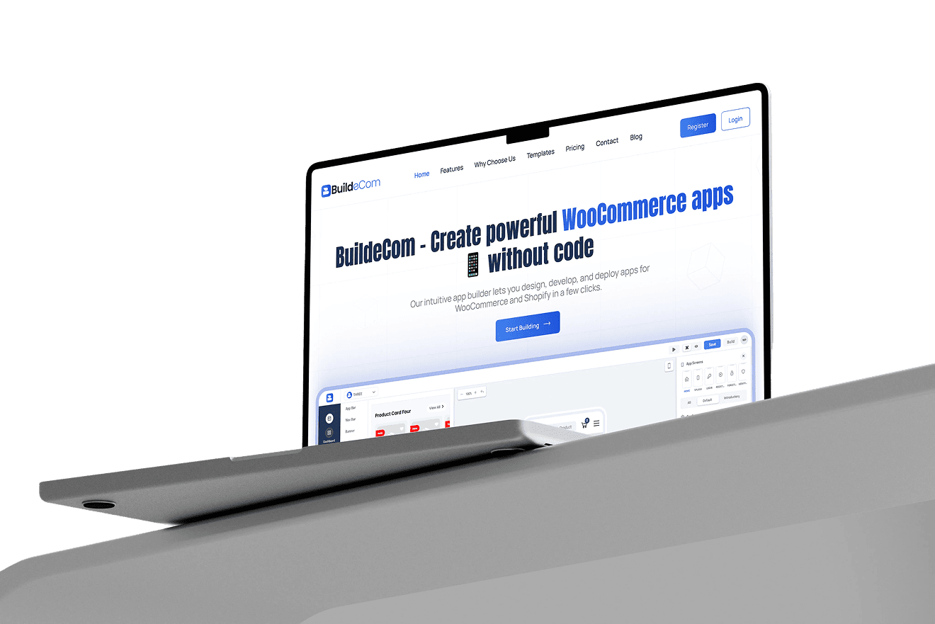 BuildeCom no-code app builder shown on a laptop